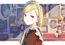  backlighting blonde_hair book border closed_mouth commentary_request female flower frilled_hairband frills from_side hair_behind_ear hairband hand_up highres holding holding_book indoors light_particles looking_at_viewer looking_to_the_side maid maid_headdress okari original outline outside_border parted_bangs picture_frame pink_flower puffy_sleeves red_eyes short_hair smile upper_body white_border white_hairband white_outline 