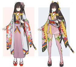  breasts chinese_commentary commentary_request female floral_print flower hair_flower hair_ornament japanese_clothes katana kimono kimono_skirt large_breasts long_hair multiple_views musyne_xsk obi original photoshop_(medium) sash sword weapon yukata 