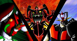  abushyobe angry commentary_request getter_robo glowing glowing_eyes gurren-lagann mazinger_(series) mazinger_z_(mecha) mecha no_humans robot shin_getter-1 shin_getter_robo shin_mazinger_shougeki!_z-hen sunglasses super_robot super_robot_wars super_robot_wars_z super_robot_wars_z2 tengen_toppa_gurren_lagann 