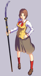  brown_eyes brown_hair commentary_request fate/stay_night fate_(series) female grey_background highres homurahara_academy_school_uniform mitsuzuri_ayako naginata polearm school_uniform short_hair simple_background solo weapon yui_sora 