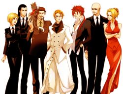  2girls 5boys bald black_hair blonde_hair cait_sith_(ff7) commentary_request dress elena_(ff7) final_fantasy final_fantasy_vii formal long_hair multiple_boys multiple_girls necktie no_legwear red_dress red_hair reeve_tuesti reno_(ff7) rude_(ff7) rufus_shinra scarlet_(ff7) short_hair suit sunglasses tseng turks_(ff7) yuriko2755 