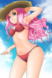  armpits bikini blue_eyes breasts commentary_request day female frills hat long_hair medium_breasts neviril_(simoun) pink_hair red_bikini sideboob simoun solo straw_hat swimsuit underboob yuuki1103 