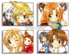  5boys 5girls arm_warmers aya_brea black_hair black_mage_(final_fantasy) blonde_hair blue_arm_warmers blue_eyes blue_hair bow brown_eyes brown_hair chibi cloud_strife dress eiko_carol eve_(parasite_eve) final_fantasy final_fantasy_ix final_fantasy_vii final_fantasy_viii finger_to_mouth garnet_til_alexandros_xvii gloves green_eyes grey_hair hairbow izumi_natsuka jewelry multiple_boys multiple_girls necklace one_eye_closed parasite_eve rinoa_heartilly scar sephiroth shoulder_pads sleeveless_duster smile squall_leonhart sword vivi_ornitier weapon zidane_tribal 