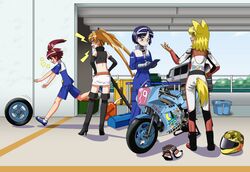  4girls aiko_(renkin_san-kyuu_magical_pokaan) android animal_ears bad_id bad_pixiv_id biker_clothes bikesuit blonde_hair blue_hair bodysuit clipboard detached_sleeves everyone extra_ears glasses gloves hairband helmet liru long_hair midriff miniskirt motor_vehicle motorcycle multiple_girls pachira race_queen red_hair renkin_san-kyuu_magical_pokaan short_hair skirt tail thighhighs tokka twintails van wheel wolf_ears wolf_girl yellow_eyes yellow_tail yuuma_(renkin_san-kyuu_magical_pokaan) 