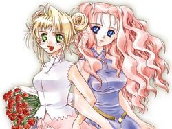  2girls aeru_(simoun) akizuki_wataru blonde_hair blue_eyes bouquet commentary_request double_bun flower green_eyes hair_bun long_hair multiple_girls neviril_(simoun) pink_hair simoun 