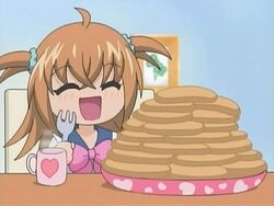  ^_^ ahoge closed_eyes female food fork heart kirarin_revolution pancake short_twintails solo tsukishima_kirari twintails 