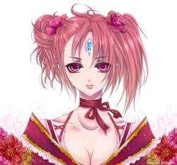  bad_id bad_pixiv_id breasts cleavage copyright_request female flower lipstick makeup medium_breasts raichi_(quatsch) red_eyes red_hair short_hair solo third_eye twintails 