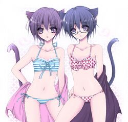  2girls animal_ears bad_id bad_pixiv_id bikini blue_hair cat_ears cat_tail copyright_request flat_chest food fruit glasses multiple_girls purple_eyes purple_hair raichi_(quatsch) short_hair side-tie_bikini_bottom strawberry swimsuit tail towel 