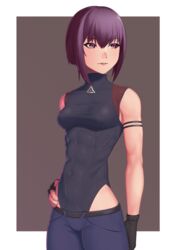  arm_strap belt black_gloves bodysuit breasts commentary_request covered_navel female fingerless_gloves ghost_in_the_shell ghost_in_the_shell:_sac_2045 gloves hair_between_eyes hand_on_own_hip highres kusanagi_motoko looking_to_the_side pants parted_lips purple_hair putcher short_hair sleeveless solo teeth turtleneck 