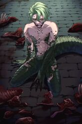  1boy blood blood_from_mouth blood_on_ground blood_on_hands brick_floor claws commentary completely_nude crocodile_boy crocodilian_tail flesh food full_body green_eyes green_hair green_scales green_tail hair_between_eyes highres kneeling looking_at_viewer male_focus meat mona_twst monster_boy monsterification nude outdoors raw_meat reptile_boy scales sebek_zigvolt short_hair solo tail twisted_wonderland 