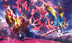  2020 absurd_res ambiguous_gender armor blue_body blue_fur canid canine claws cloud crowned_shield_zamazenta crowned_sword_zacian detailed_background eternamax_eternatus fangs feral floating fur generation_8_pokemon gigantamax_pokemon glowing group hi_res legendary_pokemon mammal melee_weapon nintendo object_in_mouth official_art open_mouth outside pokemon pokemon_(species) pokemon_tcg red_body red_fur ryota_murayama serpentine sharp_teeth size_difference sky sparks spikes sword sword_in_mouth teeth weapon white_body white_fur zacian zamazenta 