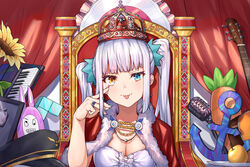  :p anchor apple black_hat blue_eyes blue_nails blush breasts cape carrot commentary_request crown curtains female flower food fruit gem guitar hair_ribbon hat heterochromia highres instrument jewelry kagura_gumi kagura_mea keyboard_(instrument) long_hair looking_at_viewer medium_breasts microphone military_hat multicolored_nails necklace peaked_cap pink_nails plate red_cape ribbon ring senba_(592683801) sidelocks solo sunflower super_bunny_man tetris throne tongue tongue_out twintails upper_body virtual_youtuber white_hair 