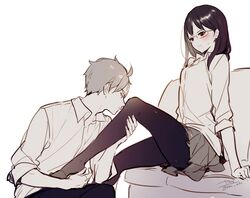  1boy black_hair black_legwear blush female grey_hair haikyuu!! kissing_leg medium_hair mole mole_under_mouth no_shoes pantyhose rimless_eyewear school_uniform shimizu_kiyoko shirt short_hair sitting skirt straight sugawara_koushi white_shirt yasai_(getsu) 