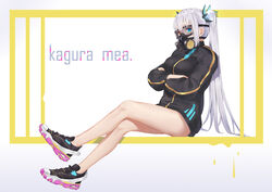  absurdres alternate_costume barcode bare_legs black_jacket blue_eyes breasts character_name crossed_arms crossed_legs female full_body gas_mask heterochromia highres jacket kagura_gumi kagura_mea large_breasts legs long_hair long_sleeves looking_at_viewer mask red_eyes senba_(592683801) shoes sitting sneakers solo twintails very_long_hair virtual_youtuber visor white_hair 