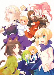  6+girls ahoge animal_ears aozaki_aoko arcueid_brunestud armor armored_dress artoria_pendragon_(fate) bad_id bad_pixiv_id blonde_hair blue_scarf braid breasts brown_eyes cat_ears character_request coat commentary_request dress fate/apocrypha fate/stay_night fate_(series) fire_girl_(light_novel) gauntlets green_eyes green_hair headpiece hibino_hibiki holding_hands jeanne_d&#039;arc_(fate) jeanne_d&#039;arc_(ruler)_(fate) kara_no_kyoukai katsuragi_chikagi large_breasts long_hair mahou_tsukai_no_yoru multiple_girls neco-arc nichiru orange_hair ponytail purple_eyes purple_skirt red_eyes ryougi_shiki saber_(fate) scarf school_uniform short_hair single_braid skirt smile sweater thighhighs tsukihime turtleneck twintails type-moon v 