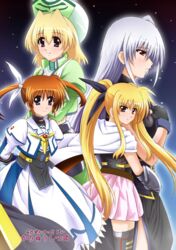  4girls belt blonde_hair cape commentary_request diesel-turbo earrings fate_testarossa fate_testarossa_(blaze_form) fingerless_gloves gloves grey_hair hat jacket jewelry long_hair lyrical_nanoha magical_girl mahou_shoujo_lyrical_nanoha mahou_shoujo_lyrical_nanoha_a&#039;s mahou_shoujo_lyrical_nanoha_the_movie_2nd_a&#039;s multiple_girls open_clothes open_jacket purple_eyes red_eyes red_hair reinforce shamal short_hair single_hair_intake takamachi_nanoha takamachi_nanoha_(exelion_mode) translation_request twintails waist_cape 