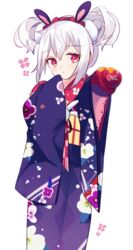  animal_ears artist_name azur_lane blue_kimono blush bow cake_(isiofb) closed_mouth commentary_request double_bun female floral_print hair_between_eyes hair_bun hairband hairbow highres japanese_clothes kimono laffey_(azur_lane) laffey_(snow_rabbit_and_candy_apple)_(azur_lane) long_sleeves looking_at_viewer obi official_alternate_costume print_kimono rabbit_ears red_bow red_eyes red_hairband sash sidelocks simple_background sleeves_past_wrists solo stuffed_animal stuffed_rabbit stuffed_toy white_background white_hair wide_sleeves 