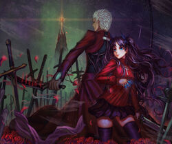  1boy archer_(fate) between_fingers blue_eyes commentary_request edenfox fate/stay_night fate_(series) female field_of_blades great_grail holding holy_grail_(fate) kanshou_&amp;_bakuya_(fate) long_hair photoshop_(medium) planted planted_sword short_hair skirt sword thighhighs tohsaka_rin two_side_up weapon white_hair zettai_ryouiki 