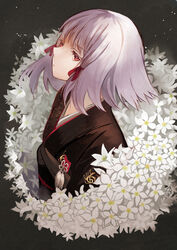  albino commentary_request fatal_frame fatal_frame_5 female flower grey_hair hair_ribbon highres japanese_clothes kimono kojitsunagi_(pattern) obi red_eyes ribbon sash sayuki_momone shiragiku_(fatal_frame) short_hair solo tress_ribbon 