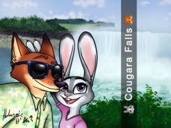  2017 4:3 anthro bunny_ears_(gesture) camera_view canid canine closed_eyes clothed clothing disney duo english_text eyewear female fox gesture happy hi_res holmssie judy_hopps lagomorph leporid male male/female mammal nick_wilde open_mouth rabbit red_fox selfie signature smile snapchat sunglasses text true_fox water waterfall zootopia 