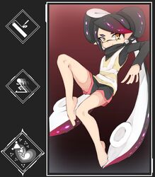  bad_id bad_twitter_id barefoot black_hair black_shirt black_shorts brown_eyes callie_(splatoon) closed_mouth commentary covered_mouth dolphin_shorts earrings english_text female gameplay_mechanics gradient_hair green_hair grey_hair hand_in_own_hair highres inkling invisible_chair jewelry knee_up leaning_back long_hair long_sleeves looking_at_viewer medium_hair mole mole_under_eye multicolored_hair pointy_ears purple_hair shirt short_shorts shorts sitting smile solo splat_bomb_(splatoon) splat_charger_(splatoon) splat_roller_(splatoon) splatoon_(series) splatoon_1 squidbeak_splatoon sukeo_(nunswa08) swept_bangs tentacle_hair very_long_hair vest yellow_vest 