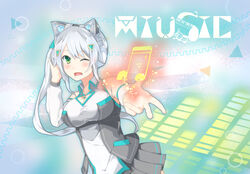  absurdres animal_ear_headphones animal_ears aqua_background arm_warmers audio_visualizer bare_shoulders beckoning black_shirt black_skirt blush bow cat_ear_headphones cleavage_cutout clothing_cutout collared_shirt detached_sleeves fake_animal_ears female green_bow green_eyes hair_between_eyes hairbow hand_on_own_head headphones highres hizuki_miu hizukichi_(windplay) long_hair looking_at_viewer multicolored_clothes multicolored_shirt musical_note one_eye_closed open_mouth piano_keys pleated_skirt reaching reaching_towards_viewer shirt side_ponytail sidelocks skirt sleeveless sleeveless_shirt smile solo treble_clef triangle triangle_hair_ornament virtual_youtuber wactor_production white_hair white_shirt 