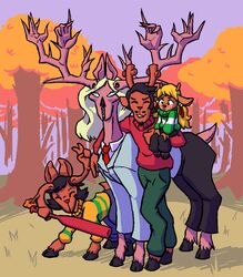  2_toes 4_legs anthro antler_grab antlers arm_around_partner autumn barefoot baseball_bat bat_(object) bell black_hair blonde_hair buckteeth business_suit carol_holiday carrying_another chacochilla closed_eyes clothed clothed_feral clothing cloven_hooves day deer deltarune dess_holiday detailed_background digital_media_(artwork) doe_with_antlers family feet female feral forest freckles gesture grass group gyftrot hair hand_gesture hi_res hooves horn long_hair male mammal married_couple multi_eye multiple_hands necktie new_world_deer noelle_holiday outside parent_(lore) parent_and_child_(lore) pattern_clothing pattern_shirt pattern_topwear plant platinum_blonde reindeer ribbons rudolph_holiday shadow sharp_teeth shirt short_hair size_difference smile standing striped_clothing striped_shirt striped_topwear stripes suit sweater teeth toes topwear tree turtleneck undertale undertale_(series) unguligrade unusual_eyes v_sign vertical_mouth what young 