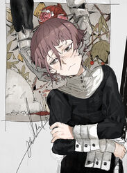  1other :&lt; absurdres androgynous black_dress branch closed_mouth crona_(soul_eater) crossed_arms dress food fruit gloves grey_eyes hair_between_eyes highres hiranko leaf long_sleeves pomegranate purple_hair ragnarok_(demon_sword) short_hair solo soul_eater upper_body white_gloves 