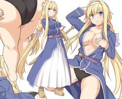  alice_zuberg armored_boots ass barefoot belt bent_over black_panties blonde_hair blue_dress blue_eyes blue_jacket blush boots bow braid breasts bright_pupils cleavage collarbone dress female fighting_stance hairband hairbow jacket large_breasts long_hair looking_at_viewer multiple_views osmanthus_blade panties purple_belt ready_to_draw sheath sheathed shiseki_hirame simple_background skirt standing sword sword_art_online sword_art_online:_alicization thighs underwear very_long_hair weapon white_background white_bow white_hairband white_pupils white_skirt 