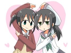  2girls aged_down bags_under_eyes black_hair commentary green_eyes heart heart_arms_duo kuroki_tomoko multiple_girls nemoto_hina nmemoton ponytail sailor_collar school_uniform serafuku twintails watashi_ga_motenai_no_wa_dou_kangaetemo_omaera_ga_warui! 