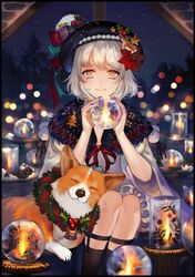  bell beret blurry bokeh box candle canine christmas collar depth_of_field dress female flower gift gift_box hair_flower hair_ornament hat highres holding holly neck_bell night original pom_pom_(clothes) poncho shiba_inu star_(sky) uonomeuroko white_dress white_eyes white_hair wreath 