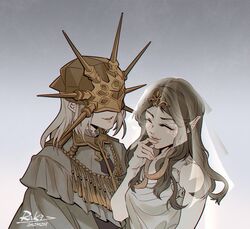  1boy brother_and_sister brown_hair closed_eyes commentary_request company_captain_yorshka covered_eyes dark_souls_(series) dark_souls_i dark_souls_iii dark_sun_gwyndolin female gold_trim helmet helmet_over_eyes long_hair raki0v0 robe siblings smile veil 