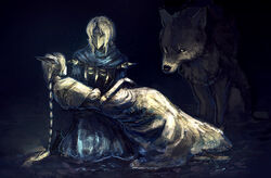  2girls armor blonde_hair braid covered_face dark_souls_(series) dark_souls_i dress dusk_of_oolacile great_grey_wolf_sif grey_fur holding long_hair lord&#039;s_blade_ciaran mask multiple_girls third-party_source wolf 