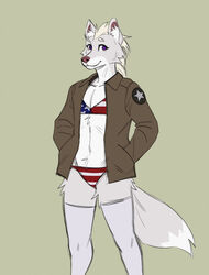  american_flag anthro bikini blonde_hair bomber_jacket canid canine canis clothing dipstick_tail domestic_dog female fur grey_body grey_fur hair hands_in_both_pockets hi_res hybrid inner_ear_fluff jacket legwear mammal markings purple_eyes red_nose simple_background solo squigor stockings swimwear tail tail_markings topwear tuft united_states_of_america white_body white_fur wolf ylva 