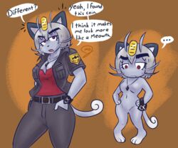  2022 accessory alolan_form alolan_meowth anthro before_and_after belt belt_buckle bottomwear bracelet breasts buckle cleavage clothed clothed_to_nude clothing clothing_loss coin curled_tail cute_fangs dialogue digital_drawing_(artwork) digital_media_(artwork) domestic_cat dress_shirt ellipsis english_text eyebrows eyelashes felid feline felis female fully_clothed fully_clothed_to_nude fur gender_transformation generation_7_pokemon grey_body grey_fur grey_hair hair hair_accessory hand_in_pocket hands_in_both_pockets hi_res jewelry linked_speech_bubble mammal mature_female mdjoe nanu_(pokemon) necklace necklace_only nintendo nude open_clothing open_mouth open_shirt open_topwear pants patch_(fabric) pockets pokemon pokemon_(species) red_eyes regional_form_(pokemon) shirt short_hair short_stack short_stackification shrinking signature simple_background size_transformation slacks solo species_in_dialogue species_transformation speech_bubble standing tail text thick_eyebrows thin_tail topwear transformation transformation_by_item transformation_mechanism unaware unaware_transformation undershirt whiskers 