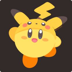  :d black_background blush_stickers character_hat commentary copy_ability cosplay full_body hand_up happy hat kirby kirby_(series) looking_at_viewer no_humans open_mouth pikachu pikachu_(cosplay) pokemon rizu_(rizunm) simple_background smile solo super_smash_bros. twitter_username 