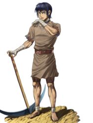  1boy ankle_wrap barefoot belt black_hair blue_eyes brown_tunic cestvs cestvs:_the_roman_fighter collar commentary_request dirty dirty_feet foot_wraps full_body hand_wraps highres male_focus metal_collar open_mouth pickaxe slave solo standing tunic user_fcpz4844 