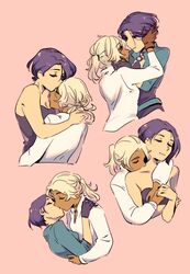  2girls blonde_hair breasts catherine_(fire_emblem) cleavage closed_mouth commentary couple dark-skinned_female dark_skin english_commentary fire_emblem fire_emblem:_three_houses gloves hand_on_another&#039;s_chest hand_on_another&#039;s_head hand_on_another&#039;s_shoulder highres hug kissing kissing_neck multiple_girls playing_with_another&#039;s_hair purple_hair shamir_nevrand teires_(teir3s) yuri 