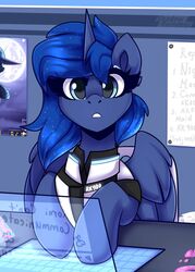  alicorn blue_body blue_eyes blue_fur blue_hair clothing computer connor_(detroit) desk detroit:_become_human electronics equid equine female friendship_is_magic fur furniture hair hasbro hi_res horn mammal my_little_pony mythological_creature mythological_equine mythology princess_luna_(mlp) shadowreindeer solo sparkles table wings 