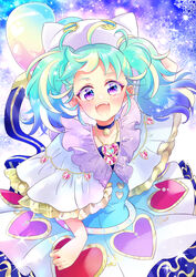  :d ahoge animal_hat aqua_hair bell blonde_hair blue_choker blue_hair blush cat_hat choker commentary dress female gem hair_strand hat heart heart_in_eye heart_necklace heart_print ishii_yuka jewelry jingle_bell lace_background multicolored_clothes multicolored_dress multicolored_hair myamu neck_bell necklace open_mouth pretty_series purple_eyes round_teeth smile solo sparkle streaked_hair symbol_in_eye tail teeth twintails upper_body upper_teeth_only waccha_primagi! 