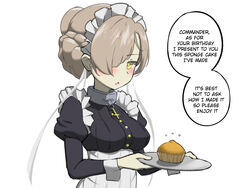  azur_lane blush braid breasts cake commentary cupcake english_commentary english_text female food hair_over_one_eye highres looking_at_viewer maid maid_headdress medium_breasts parallelrey sheffield_(azur_lane) short_hair simple_background solo speech_bubble sponge_cake standing upper_body white_background yellow_eyes 