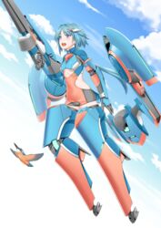  212_(kisaragi) :d absurdres armor bird blue_hair blue_sky bodysuit breasts cloud cloudy_sky commentary_request common_kingfisher covered_navel day detached_wings exoskeleton female finger_on_trigger flying gloves grey_gloves gun highres holding holding_gun holding_weapon kingfisher long_hair mecha_musume open_mouth original outdoors personification ponytail purple_eyes sky small_breasts smile solo underboob weapon wings 