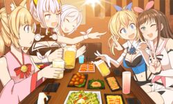  .live 5girls alcohol animal_ear_fluff animal_ears aroha_j beer blonde_hair blue_eyes breasts brown_hair crossover dennou_shoujo_siro elbow_gloves food fox_ears gloves hair_ornament hairband hairclip kaguya_luna kemomimi_oukoku_kokuei_housou kizuna_ai kizuna_ai_inc. long_hair looking_at_viewer mikoko_(kemomimi_oukoku_kokuei_housou) mirai_akari mirai_akari_project multicolored_hair multiple_crossover multiple_girls one_eye_closed open_mouth short_hair smile sushi the_moon_studio twintails virtual_youtuber virtual_youtuber_shiten&#039;nou 