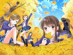  4girls autumn autumn_leaves bench black_eyes black_hair black_legwear blazer book brown_eyes brown_hair commentary_request day glasses jacket joshi_kousei kouda_akari leaf long_hair lying multiple_girls necktie on_stomach ooshima_towa outdoors park photoshop_(medium) plaid plaid_skirt satou_ayano school_uniform short_hair sitting skirt sky suzuki_yuma takahashi_eriko tree uniform 