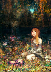  bad_id bad_pixiv_id dress female grass grey_eyes highres lake leaf orange_hair original outdoors rabbit solo tamerai_zero tree 