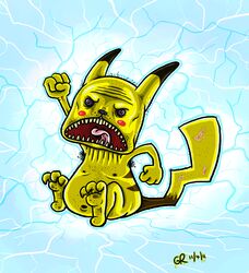  2011 angry armpit_hair blue_background body_hair feet fur generation_1_pokemon hi_res male mammal navel nintendo nipples open_mouth pikachu pokemon pokemon_(species) rodent simple_background soles solo splapp-me-do thunder tongue yellow_body yellow_fur 