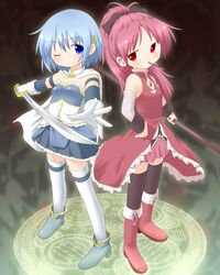  2girls blue_eyes blue_hair blush cape commentary_request food glyph long_hair madoka_runes mahou_shoujo_madoka_magica mahou_shoujo_madoka_magica_(anime) miki_sayaka miki_sayaka_(magical_girl) multiple_girls natsu_no_koucha pocky red_eyes red_hair sakura_kyoko sakura_kyoko_(magical_girl) staff sword thighhighs weapon white_cape 