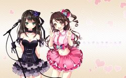  2girls black_hair blush breasts brown_eyes brown_hair choker cleavage dress gloves green_eyes headdress heart idolmaster_cinderella_girls long_hair microphone navel noaru shibuya_rin shimamura_uzuki skirt watermark 