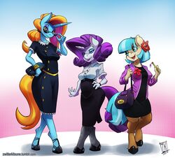  2017 anthro anthrofied blue_eyes blue_eyeshadow blue_hair clothed clothing clutch_(bag) coco_pommel_(mlp) dress earth_pony equid equine eyelashes eyeshadow eyewear female friendship_is_magic fully_clothed group hair half-closed_eyes handbag hasbro holding_object horn horse lipstick long_hair looking_at_viewer makeup mammal multicolored_hair multicolored_tail my_little_pony mythological_creature mythological_equine mythology narrowed_eyes open_mouth open_smile pony purple_eyeshadow purple_hair rarity_(mlp) sassy_saddles_(mlp) short_hair shoulder_bag smile standing sunglasses tail text tongue two_tone_hair unicorn url yellow_eyes zwitterkitsune 