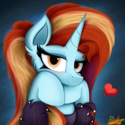  1:1 2022 absurd_res blue_body blue_fur bust_portrait clothed clothing digital_drawing_(artwork) digital_media_(artwork) equid equine eyelashes female feral friendship_is_magic fur hair hasbro heart_symbol hi_res hooves horn lidded_eyes looking_at_viewer mammal my_little_pony mythological_creature mythological_equine mythology orange_hair portrait sassy_saddles_(mlp) ser-p smile smiling_at_viewer solo unicorn yellow_eyes 